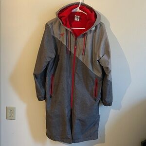 Speedo Color Block Swim Parka Gray/ Red Hooded Fleece Lined Long Jacket..XS